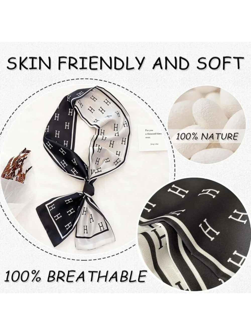 Women's Black White Stylish Silky Satin Headscarf Wrap Lightweight Scarves Scarf